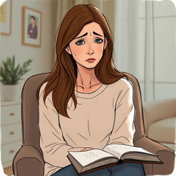 A 40-year-old woman sitting alone in a softly lit room, her expression reflecting anxiety and deep contemplation
