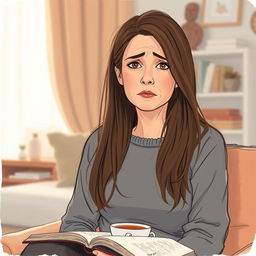 A 40-year-old woman sitting alone in a softly lit room, her expression reflecting anxiety and deep contemplation