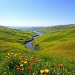 A scenic landscape with a sprawling view, featuring rolling hills covered in vibrant green grass under a clear blue sky