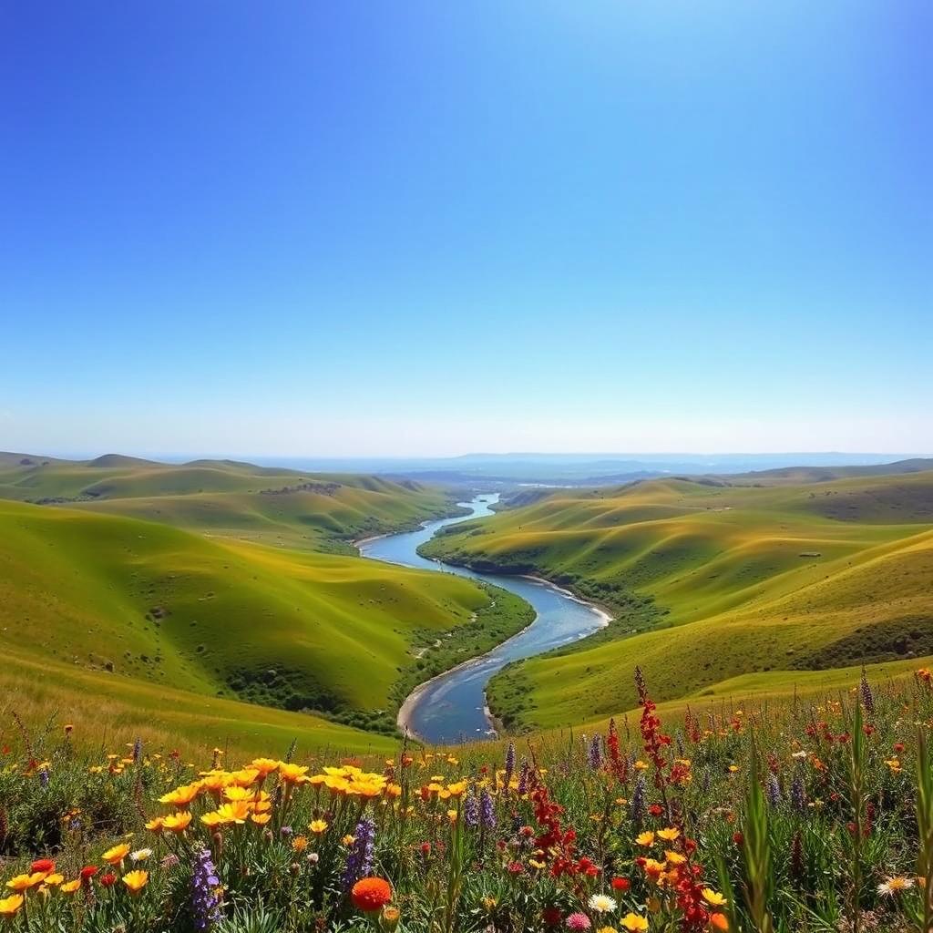 A scenic landscape with a sprawling view, featuring rolling hills covered in vibrant green grass under a clear blue sky