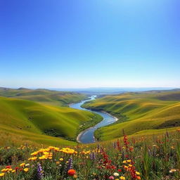 A scenic landscape with a sprawling view, featuring rolling hills covered in vibrant green grass under a clear blue sky