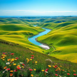 A scenic landscape with a sprawling view, featuring rolling hills covered in vibrant green grass under a clear blue sky