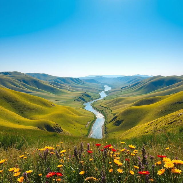 A scenic landscape with a sprawling view, featuring rolling hills covered in vibrant green grass under a clear blue sky