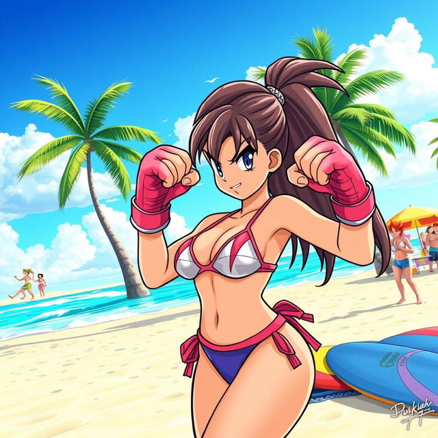 A dynamic scene featuring Chichi from Dragon Ball Z, showcasing her in a stylish bikini on a sunny beach