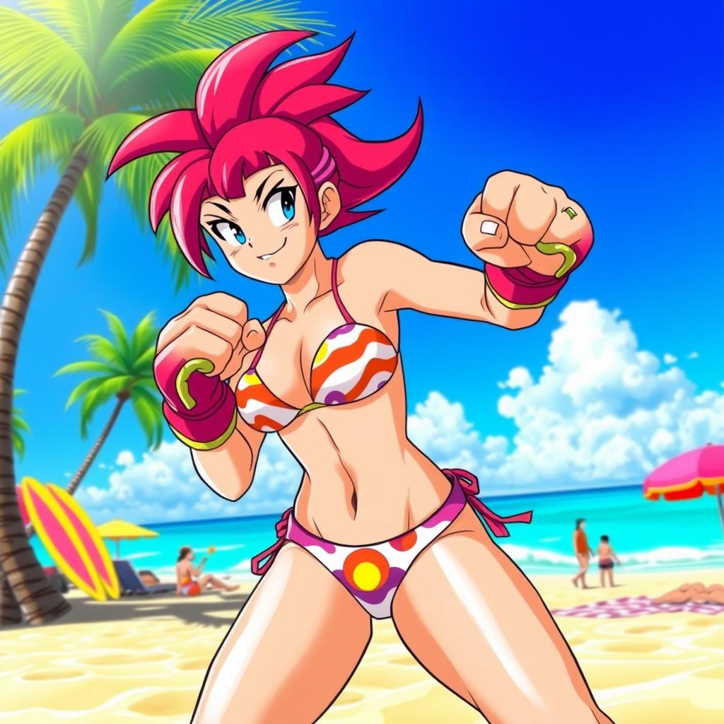 A dynamic scene featuring Chichi from Dragon Ball Z, showcasing her in a stylish bikini on a sunny beach