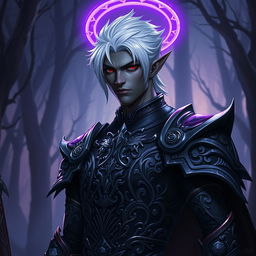 A male drow paladin standing confidently in dark, ornate armor adorned with silver accents, showcasing intricate patterns that reflect his noble heritage