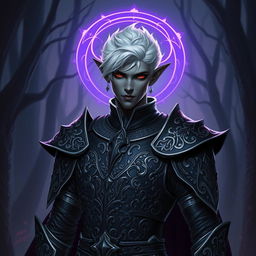 A male drow paladin standing confidently in dark, ornate armor adorned with silver accents, showcasing intricate patterns that reflect his noble heritage