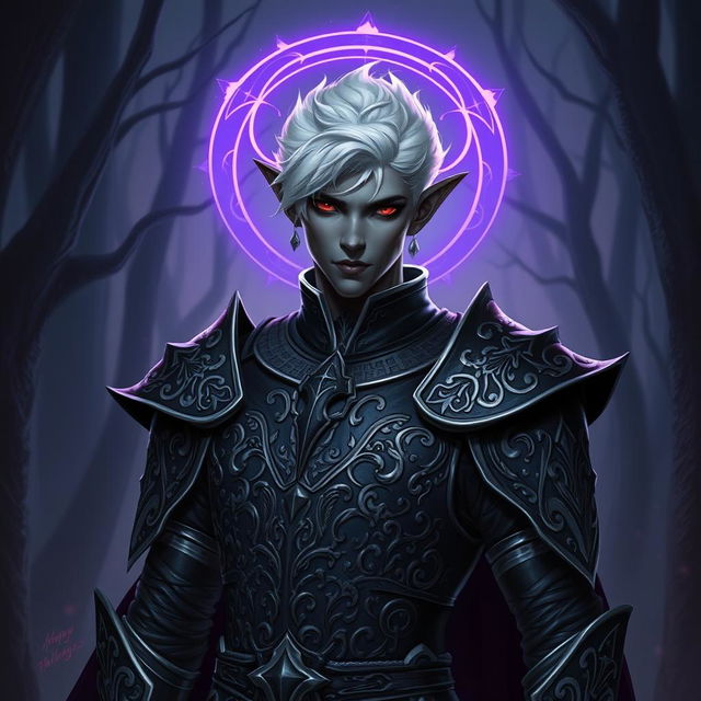 A male drow paladin standing confidently in dark, ornate armor adorned with silver accents, showcasing intricate patterns that reflect his noble heritage