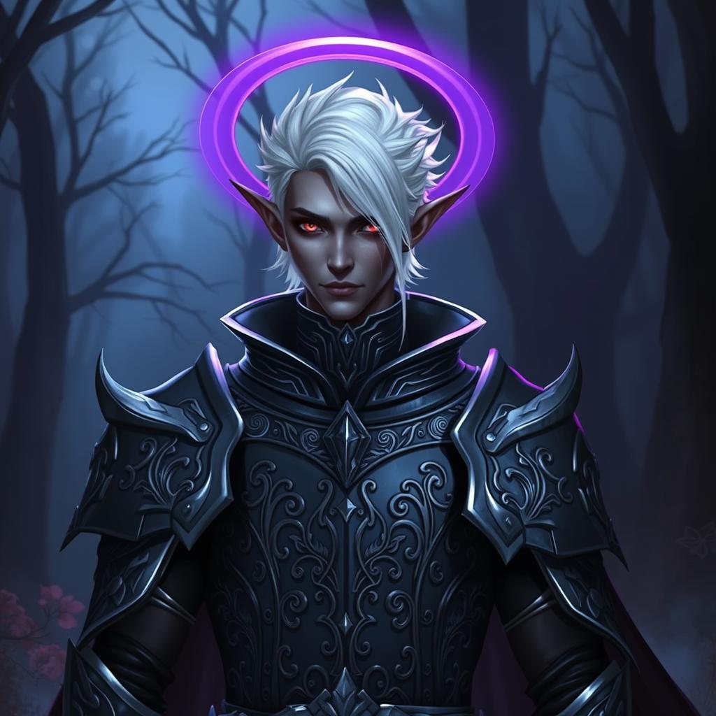 A male drow paladin standing confidently in dark, ornate armor adorned with silver accents, showcasing intricate patterns that reflect his noble heritage