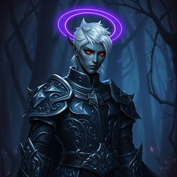 A male drow paladin standing confidently in dark, ornate armor adorned with silver accents, showcasing intricate patterns that reflect his noble heritage