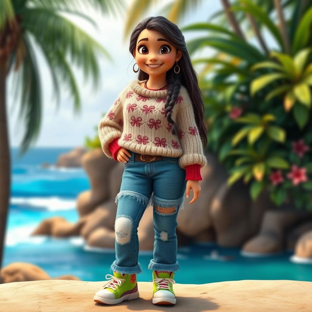 Moana character dressed in a cozy, stitched sweater and patched-up denim jeans, with colorful sneakers