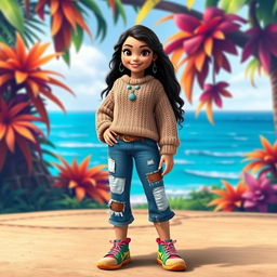 Moana character dressed in a cozy, stitched sweater and patched-up denim jeans, with colorful sneakers