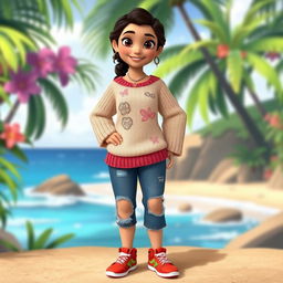 Moana character dressed in a cozy, stitched sweater and patched-up denim jeans, with colorful sneakers