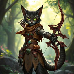 A striking Tabaxi D&D character standing confidently in a vibrant fantasy setting