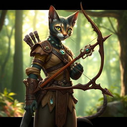 A striking Tabaxi D&D character standing confidently in a vibrant fantasy setting