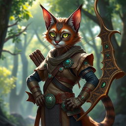 A striking Tabaxi D&D character standing confidently in a vibrant fantasy setting