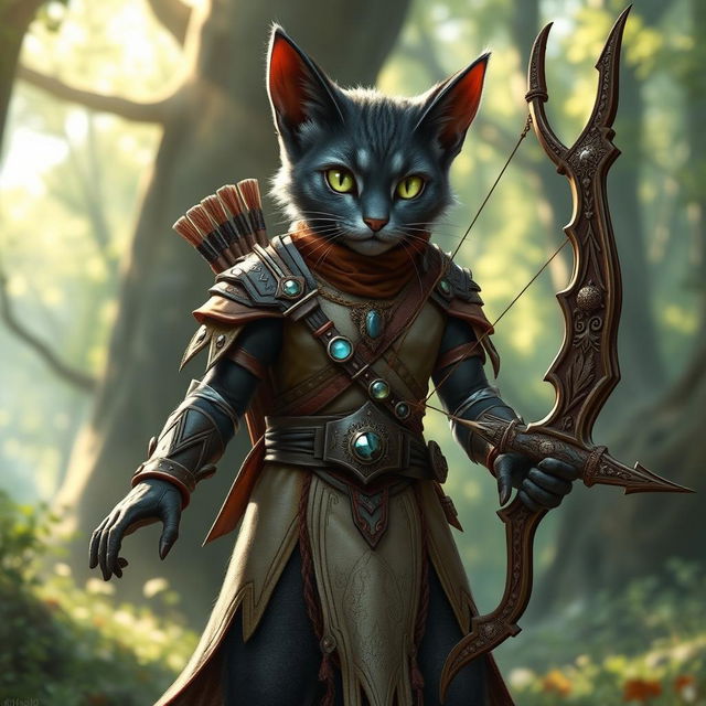 A striking Tabaxi D&D character standing confidently in a vibrant fantasy setting