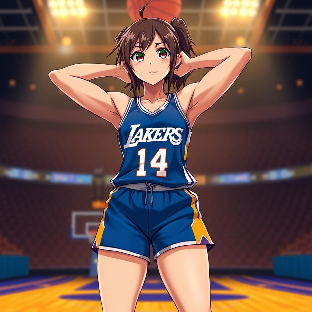 A muscular shy anime girl dressed in a blue Los Angeles Lakers uniform, with her arms confidently positioned behind her head, revealing her well-defined six-pack abs