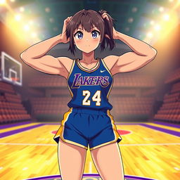 A muscular shy anime girl dressed in a blue Los Angeles Lakers uniform, with her arms confidently positioned behind her head, revealing her well-defined six-pack abs