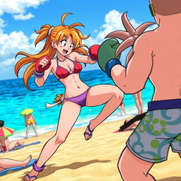 A lively beach scene featuring Chi-Chi from Dragon Ball Z, dressed in a stylish bikini, enjoying a sunny day at the beach