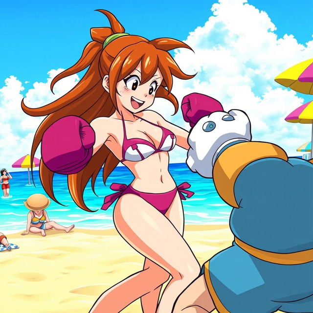 A lively beach scene featuring Chi-Chi from Dragon Ball Z, dressed in a stylish bikini, enjoying a sunny day at the beach