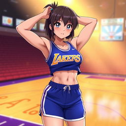 A muscular shy anime girl dressed in a vibrant blue Los Angeles Lakers uniform, featuring a sporty t-shirt and basketball shorts