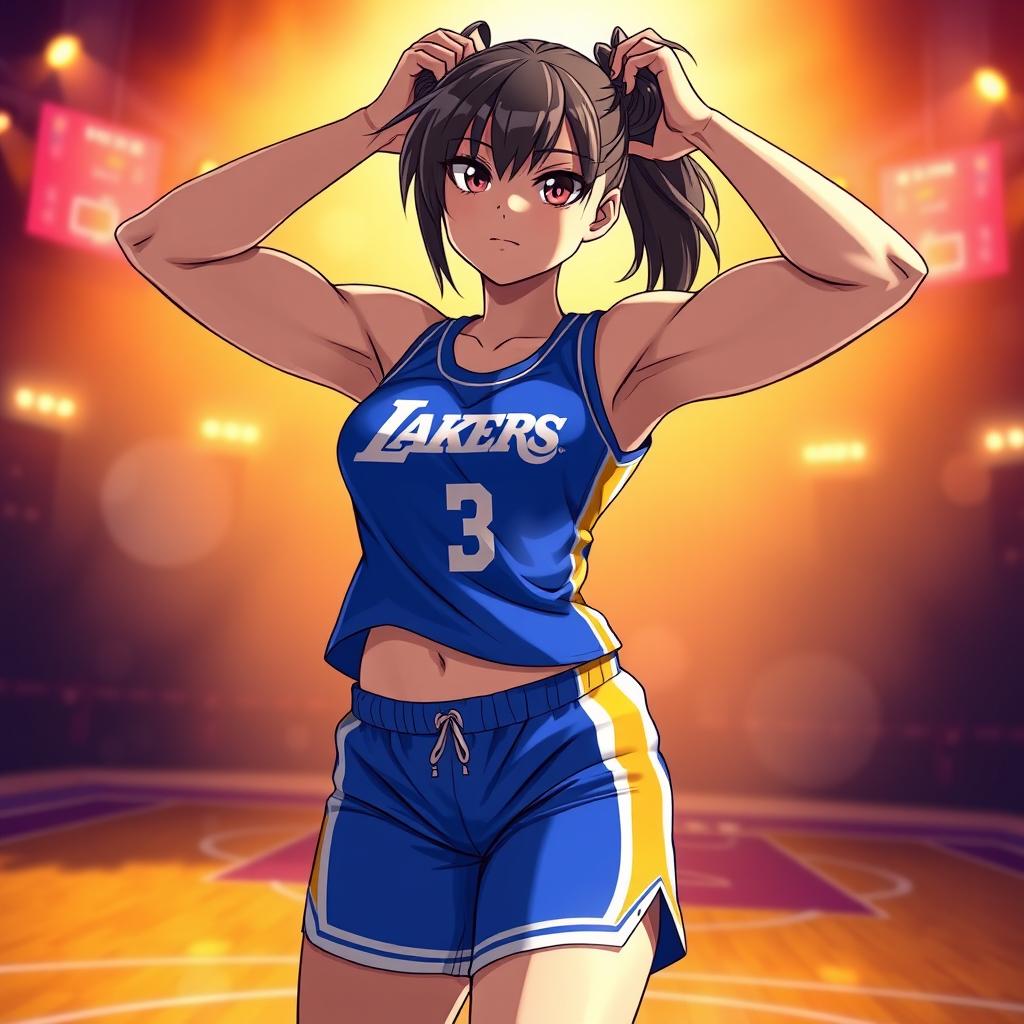 A muscular shy anime girl dressed in a vibrant blue Los Angeles Lakers uniform, featuring a sporty t-shirt and basketball shorts