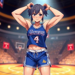 A muscular shy anime girl dressed in a vibrant blue Los Angeles Lakers uniform, featuring a sporty t-shirt and basketball shorts