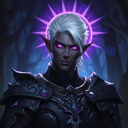 A male drow paladin depicted in dark, intricately designed armor that features silver embellishments, giving a sense of both strength and elegance