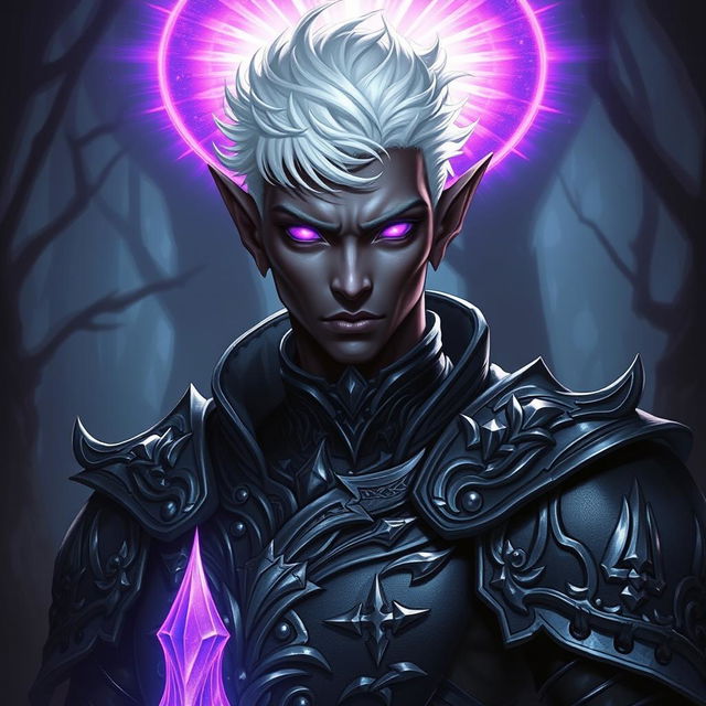 A male drow paladin depicted in dark, intricately designed armor that features silver embellishments, giving a sense of both strength and elegance