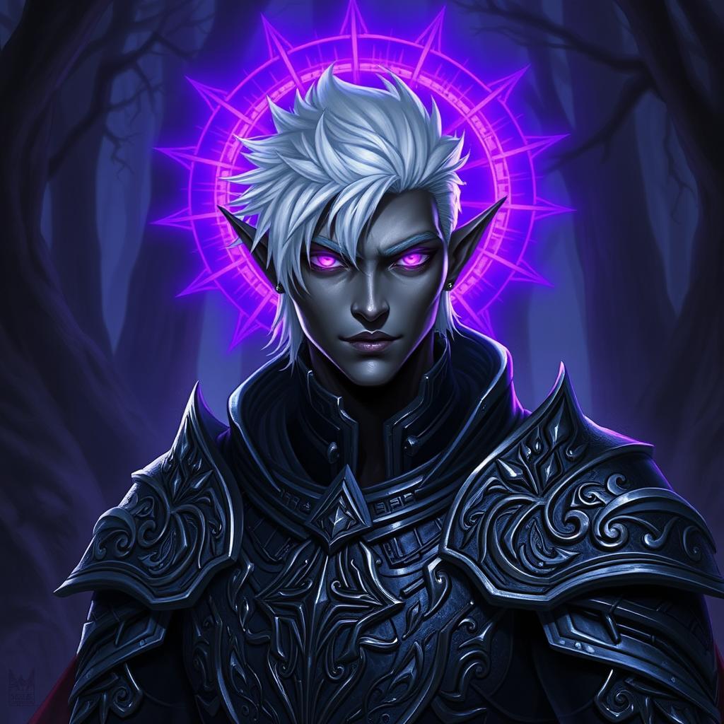 A male drow paladin depicted in dark, intricately designed armor that features silver embellishments, giving a sense of both strength and elegance