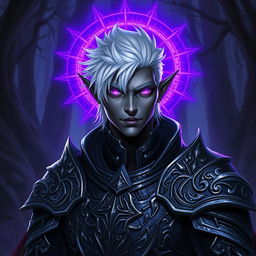 A male drow paladin depicted in dark, intricately designed armor that features silver embellishments, giving a sense of both strength and elegance
