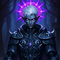 A male drow paladin depicted in dark, intricately designed armor that features silver embellishments, giving a sense of both strength and elegance