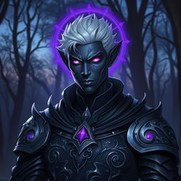 A male drow paladin depicted in sleek, dark armor that embodies both strength and elegance, featuring intricate silver designs and powerful sigils