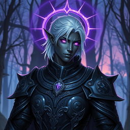 A male drow paladin depicted in sleek, dark armor that embodies both strength and elegance, featuring intricate silver designs and powerful sigils