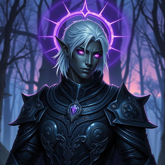 A male drow paladin depicted in sleek, dark armor that embodies both strength and elegance, featuring intricate silver designs and powerful sigils