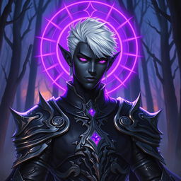 A male drow paladin depicted in sleek, dark armor that embodies both strength and elegance, featuring intricate silver designs and powerful sigils
