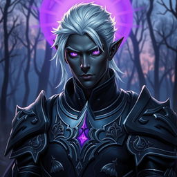 A male drow paladin depicted in sleek, dark armor that embodies both strength and elegance, featuring intricate silver designs and powerful sigils