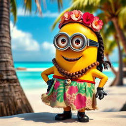 A whimsical scene featuring a Minion dressed as Moana, complete with a tropical outfit inspired by Moana's attire, including a flowing skirt with vibrant patterns and a decorative necklace