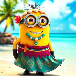 A whimsical scene featuring a Minion dressed as Moana, complete with a tropical outfit inspired by Moana's attire, including a flowing skirt with vibrant patterns and a decorative necklace