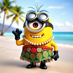 A whimsical scene featuring a Minion dressed as Moana, complete with a tropical outfit inspired by Moana's attire, including a flowing skirt with vibrant patterns and a decorative necklace