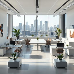 A modern office background featuring sleek furniture, large windows allowing natural light, and a view of a city skyline