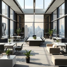A modern office background featuring sleek furniture, large windows allowing natural light, and a view of a city skyline