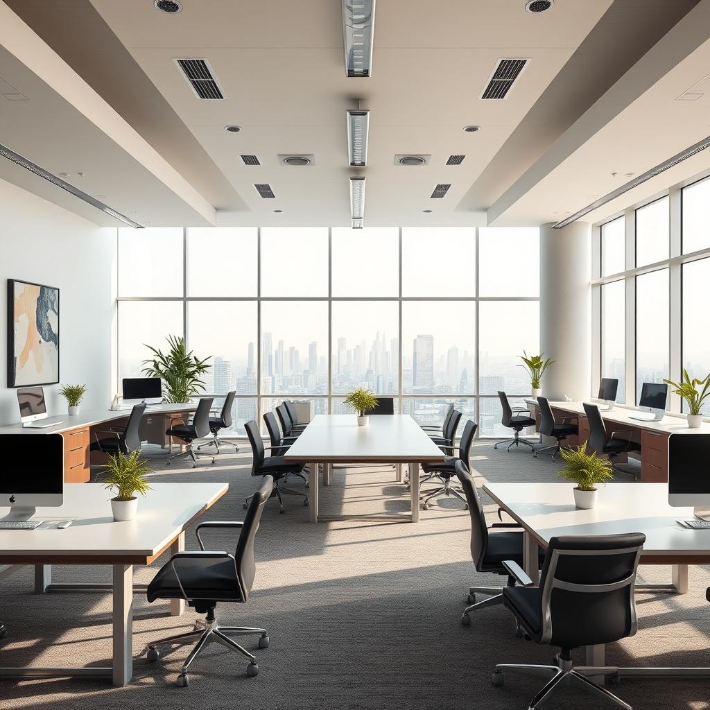 A modern office background featuring sleek furniture, large windows allowing natural light, and a view of a city skyline