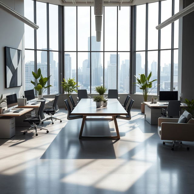 A modern office background featuring sleek furniture, large windows allowing natural light, and a view of a city skyline