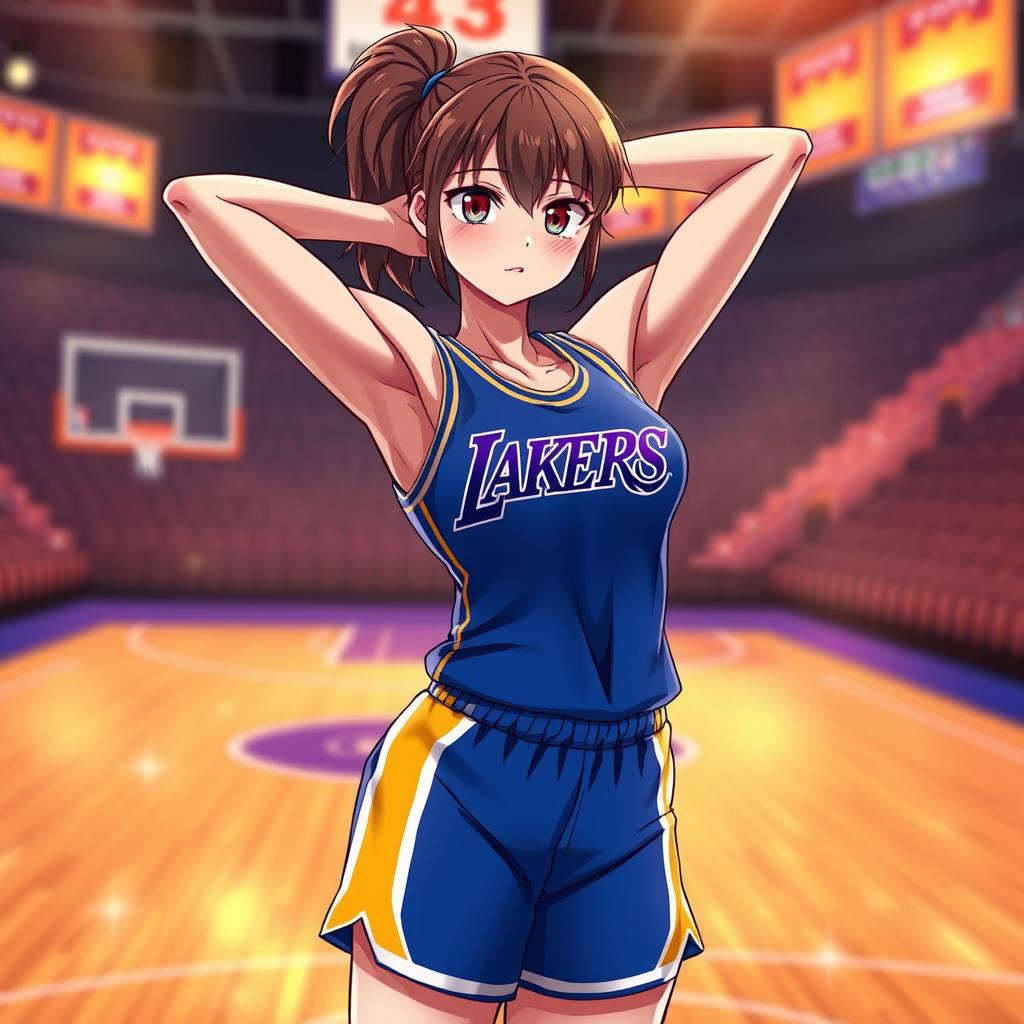 A muscular shy anime girl in a blue Los Angeles Lakers uniform, stretching with her arms positioned behind her head, revealing her impressive six-pack abs and strong abdominal muscles
