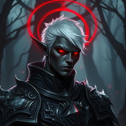 A male drow paladin portrayed in dark, elaborately detailed armor that reflects both power and elegance, with silver accents enhancing its design