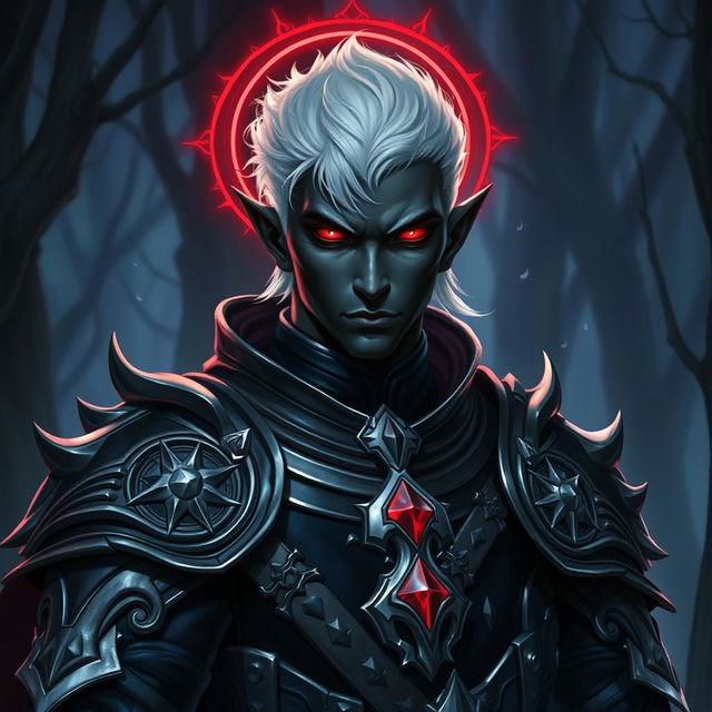 A male drow paladin portrayed in dark, elaborately detailed armor that reflects both power and elegance, with silver accents enhancing its design