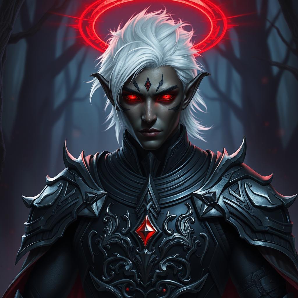 A male drow paladin portrayed in dark, elaborately detailed armor that reflects both power and elegance, with silver accents enhancing its design