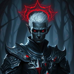 A male drow paladin portrayed in dark, elaborately detailed armor that reflects both power and elegance, with silver accents enhancing its design